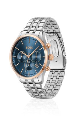 Multi-link-bracelet chronograph watch with blue dial, Silver