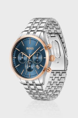 Multi-link-bracelet chronograph watch with blue dial, Silver