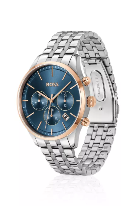 Multi-link-bracelet chronograph watch with blue dial