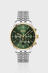 Multi-link-bracelet chronograph watch with green dial, Green