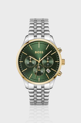 Multi-link-bracelet chronograph watch with green dial, Green