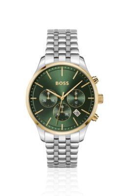 Montre chronographe avec cadran vert et bracelet à maillons multiples