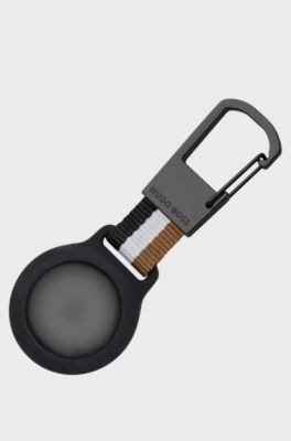 Signature-stripe key ring with AirTag holder, Black