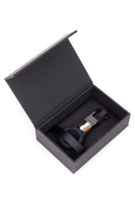 Signature-stripe key ring with AirTag holder, Black