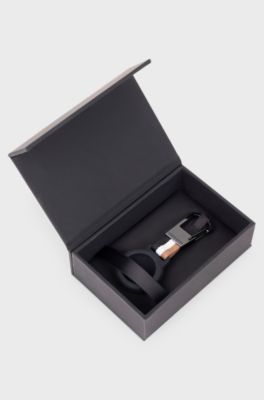 Signature-stripe key ring with AirTag holder, Black