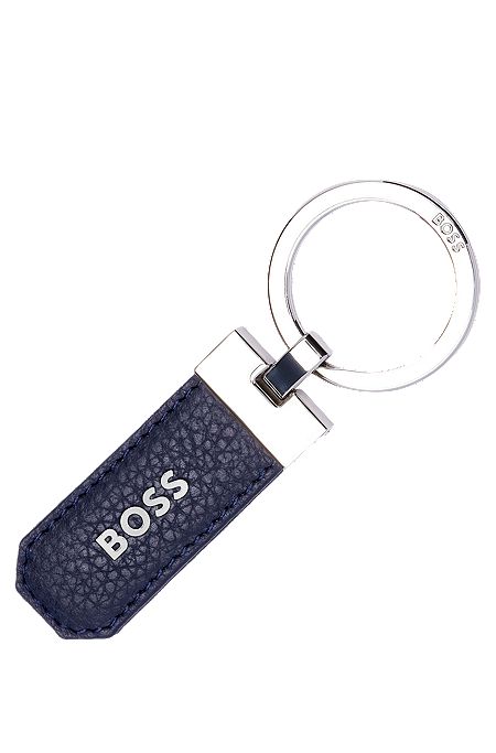 Logo key ring in navy grained leather and brass, Dark Blue