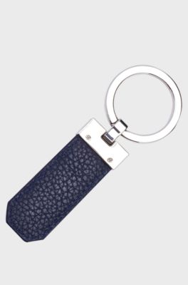 Logo key ring in navy grained leather and brass, Dark Blue