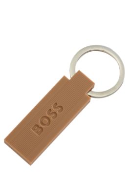 Logo key ring in camel-toned silicone and brass, Brown