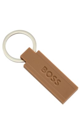 Logo key ring in camel-toned silicone and brass, Brown