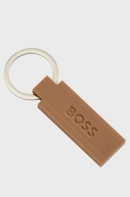 Logo key ring in camel-toned silicone and brass, Brown