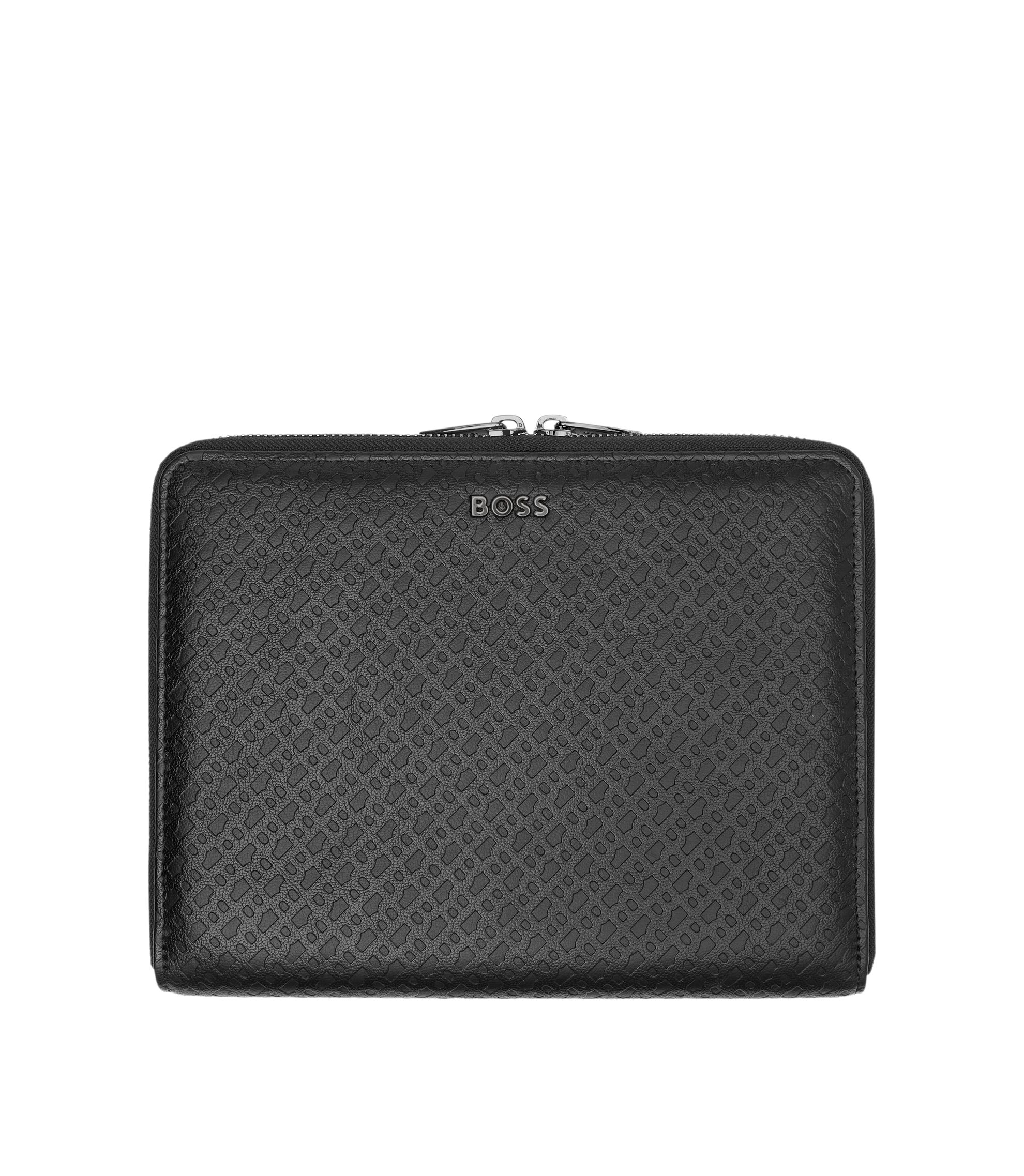 Schwarze DIN-A5-Konferenzmappe mit umlaufendem Reißverschluss und geprägten Monogrammen