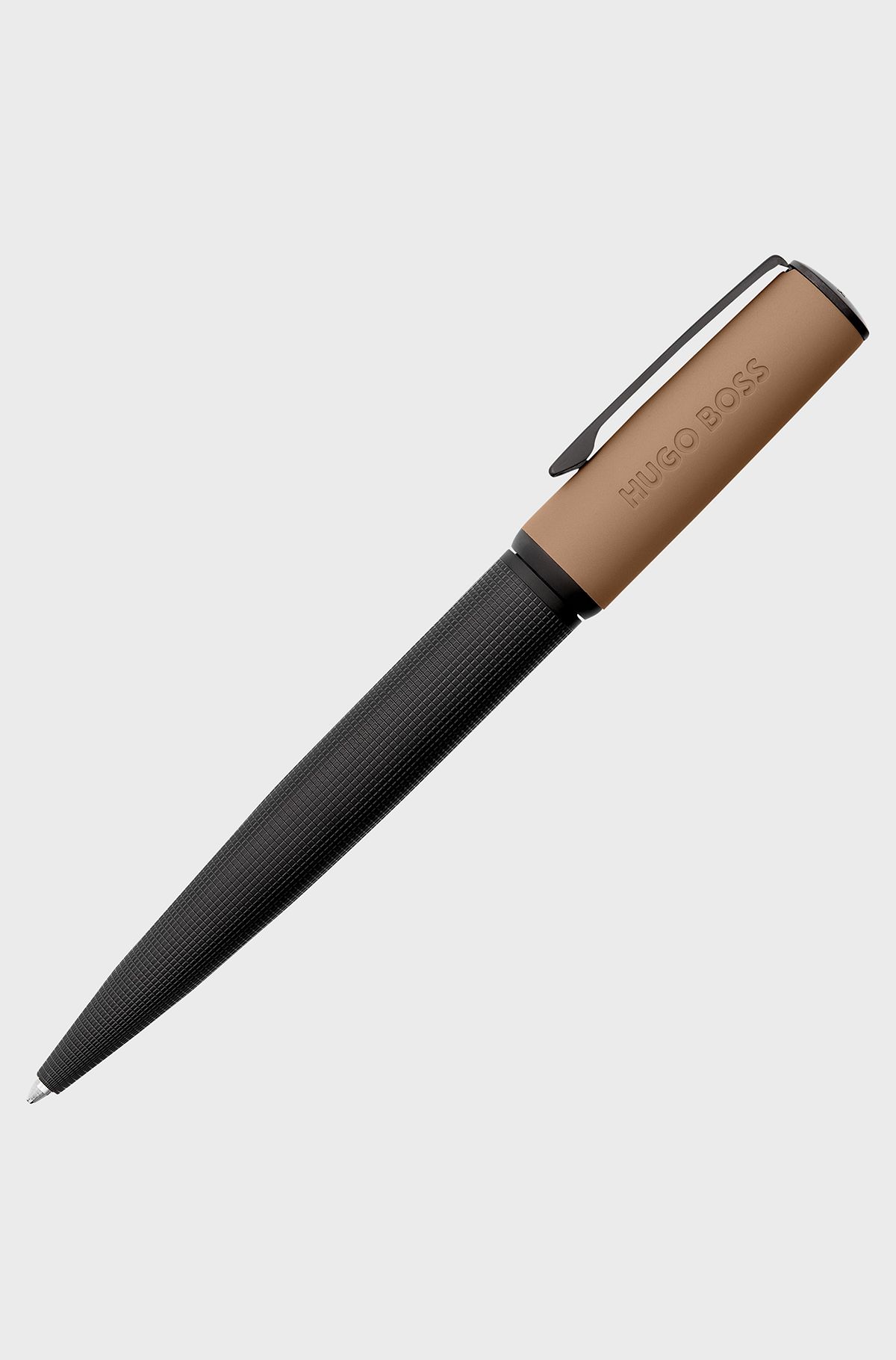 Mixed-texture ballpoint pen with branded camel cap, Black