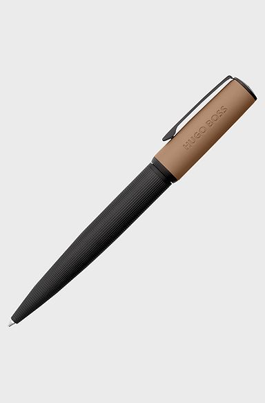 Mixed-texture ballpoint pen with branded camel cap, Black