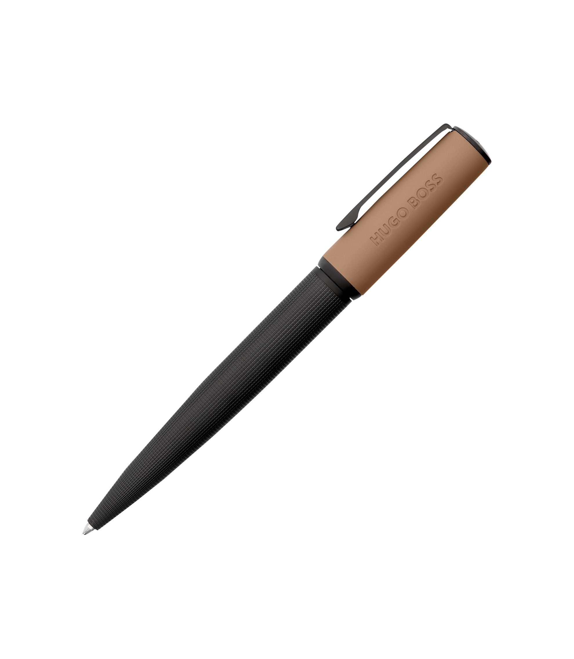 Kugelschreiber mit verschiedenen Strukturen und camelfarbener Kappe mit Logo