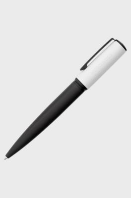 Penna a sfera con lavorazioni miste e cappuccio bianco brandizzato, Nero