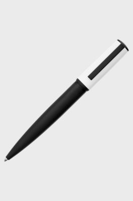 Penna a sfera con lavorazioni miste e cappuccio bianco brandizzato, Nero