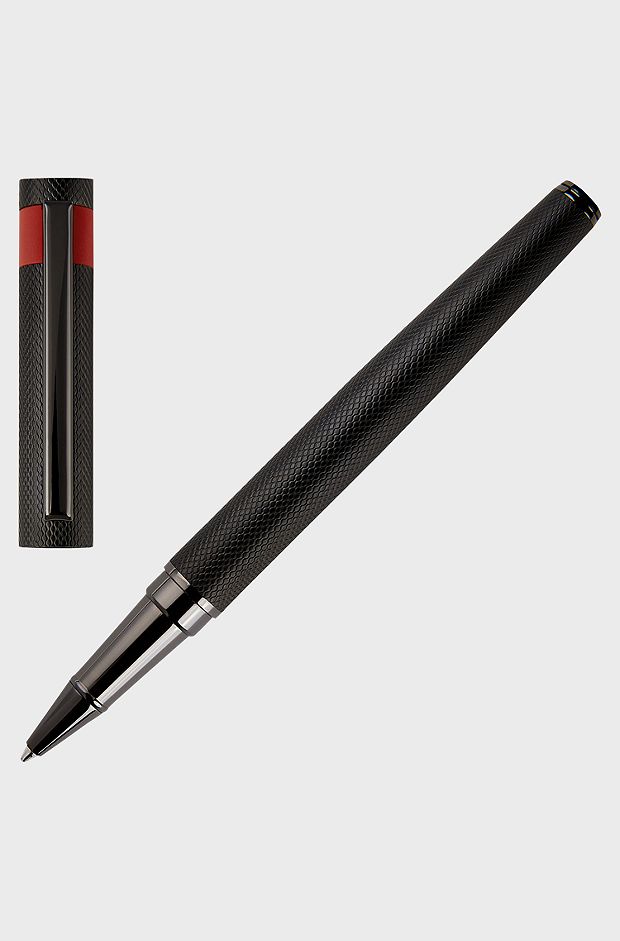 Chrome rollerball pen with matte diamond-cut pattern, Black