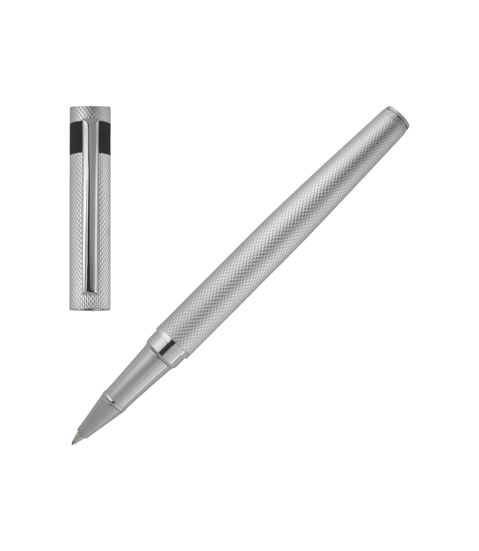 Hugo Boss Chromfarbener Tintenroller mit mattem Rautenmuster