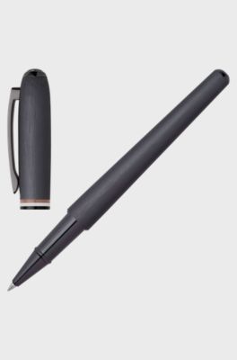 Stylo roller bross&eacute; avec anneau &agrave; rayures embl&eacute;matiques, Gris