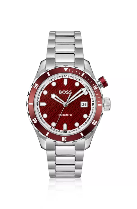 Silver-tone automatic watch with red monogram-textured dial
