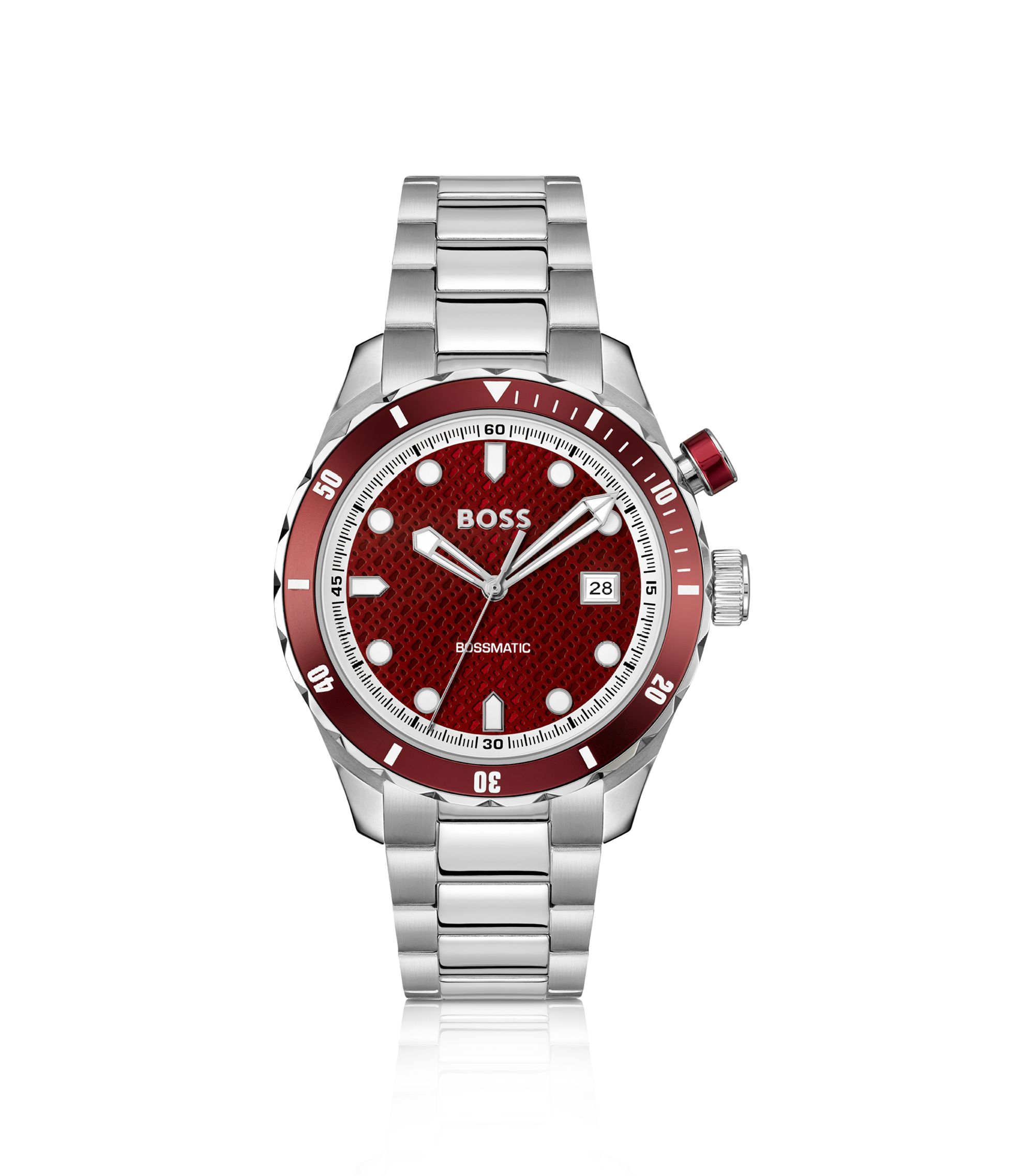 BOSS - Silver-tone automatic watch with red monogram