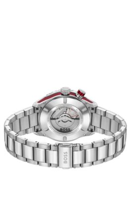 Silver-tone automatic watch with red monogram-textured dial, Silver