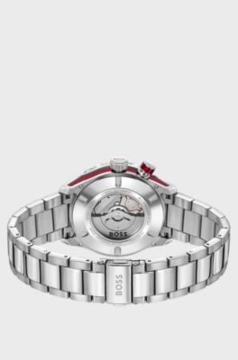 Silver-tone automatic watch with red monogram-textured dial, Silver