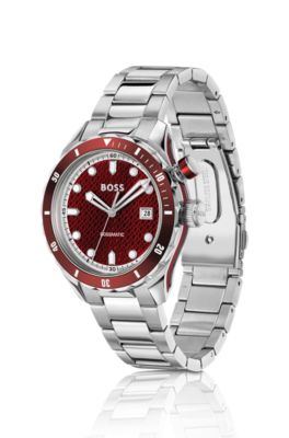 Silver-tone automatic watch with red monogram-textured dial, Silver