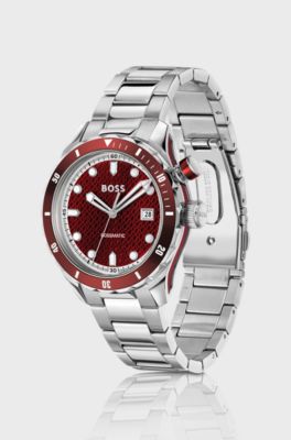 Silver-tone automatic watch with red monogram-textured dial, Silver