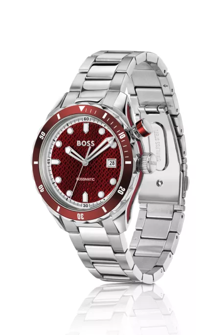 Silver-tone automatic watch with red monogram-textured dial