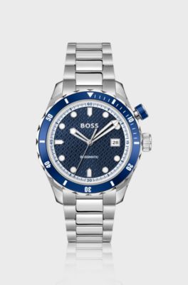Silver-tone automatic watch with blue monogram-textured dial, Silver