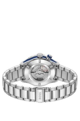 Montre automatique argent&eacute;e &agrave; cadran bleu &agrave; la texture monogramm&eacute;e, Argent