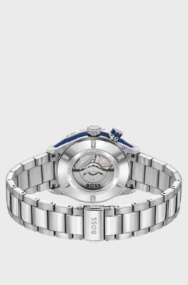 Silver-tone automatic watch with blue monogram-textured dial, Silver