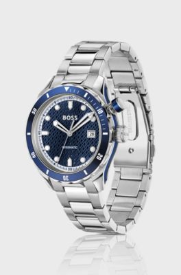Silver-tone automatic watch with blue monogram-textured dial, Silver