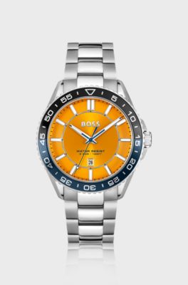Silver-tone watch with orange dial and rotating bezel, Silver