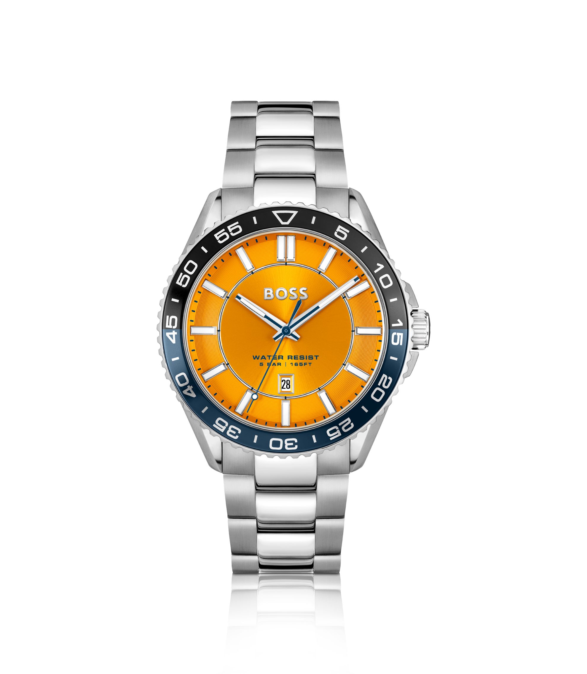 BOSS Reloj en tono plateado con esfera naranja y bisel giratorio