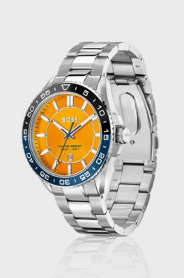 Silver-tone watch with orange dial and rotating bezel, Silver