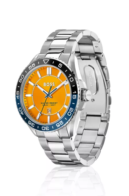 Silver-tone watch with orange dial and rotating bezel