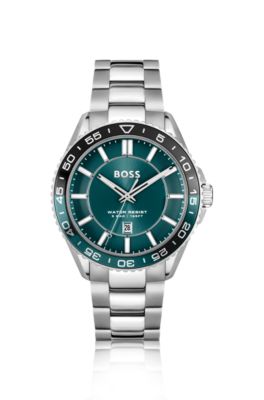 Montre argent&eacute;e &agrave; cadran turquoise et lunette rotative, Argent