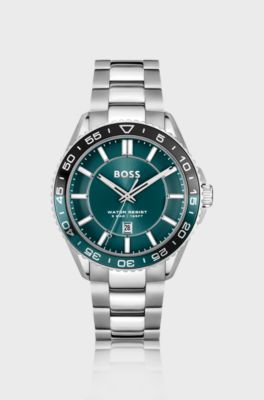 Silver-tone watch with turquoise dial and rotating bezel, Silver