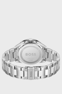 Silver-tone watch with turquoise dial and rotating bezel, Silver