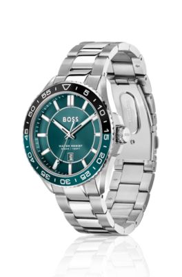 Montre argent&eacute;e &agrave; cadran turquoise et lunette rotative, Argent