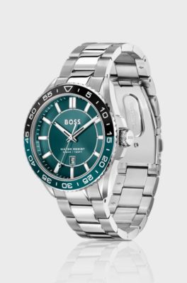 Silver-tone watch with turquoise dial and rotating bezel, Silver