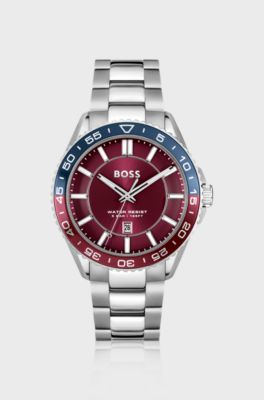 Silver-tone watch with red dial and rotating bezel, Silver