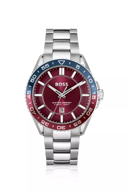 Silver-tone watch with red dial and rotating bezel
