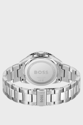 Silver-tone watch with red dial and rotating bezel, Silver