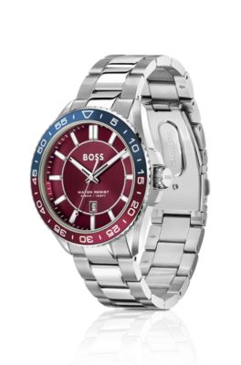 Silver-tone watch with red dial and rotating bezel, Silver