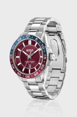 Silver-tone watch with red dial and rotating bezel, Silver
