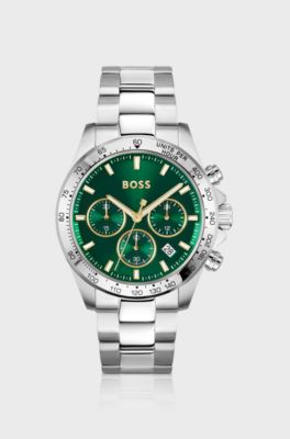 Zilverkleurig chronograaf horloge met groene wijzerplaat, Zilver