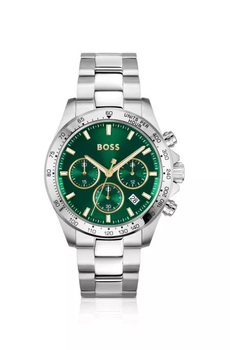 Silver-tone chronograph watch with green dial